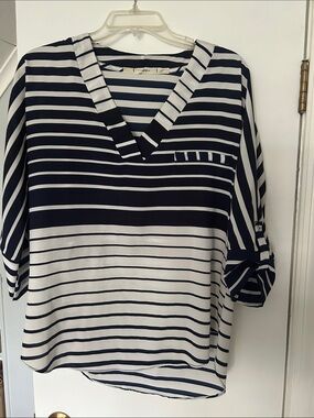 Striped Navy and White V-Neck Roll-Sleeve Women's Top